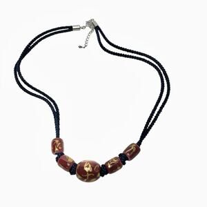 Necklace Ceramic Beads Hand Knotted Purple Gold Accents Braided Double Cord Navy